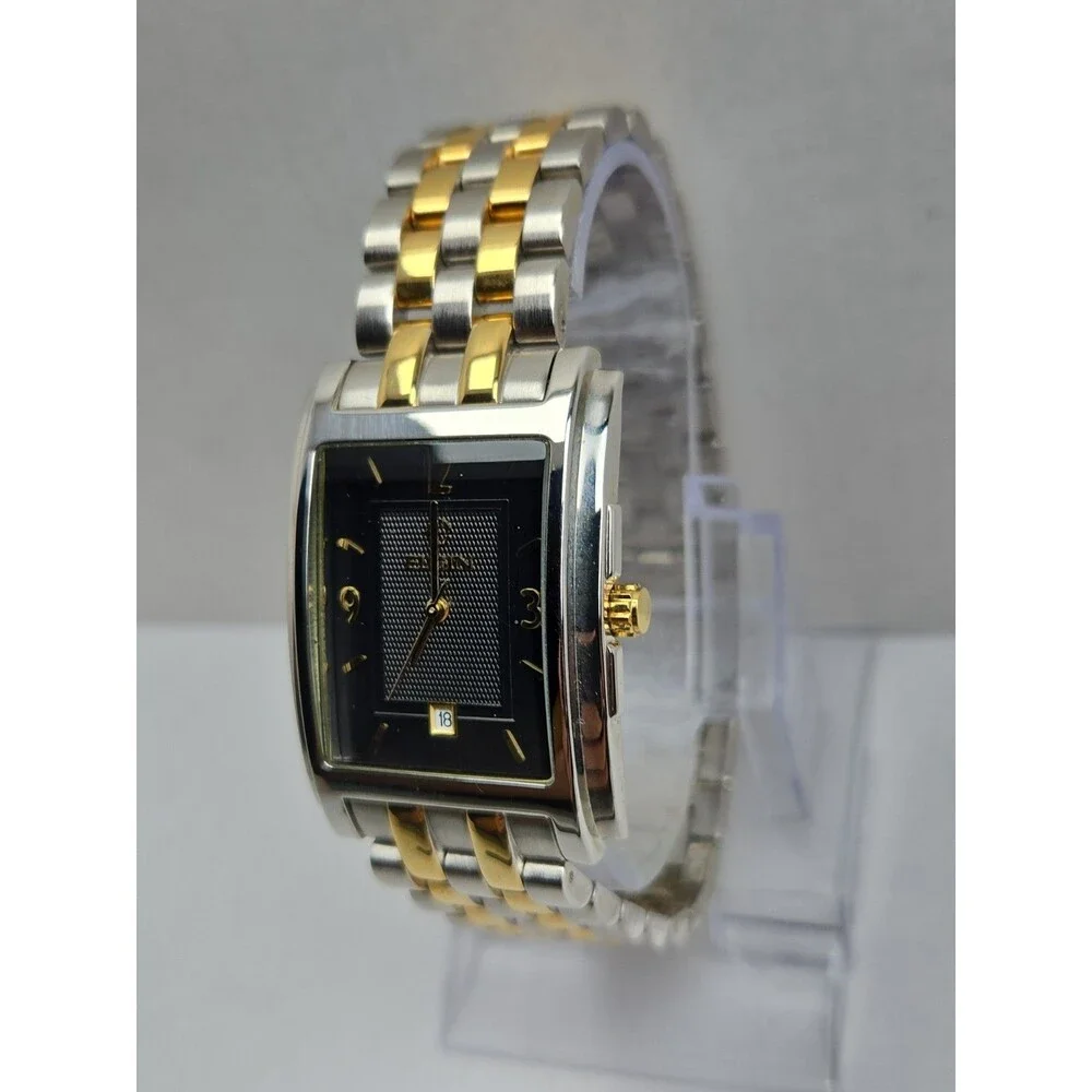 Vintage Elgin Mens Tank Watch Black Dial Two Tone Formal Date Quartz New Battery